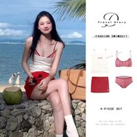 Bộ Đồ Bơi Nữ Vai Màu Đỏ Bikini Bốn Mảnh Đồ Bơi Phong Cách Hàn Quốc Mỏng Kỳ Nghỉ Du Lịch Thời Trang Đi Biển Bikini Bộ