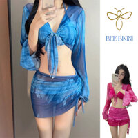 Bộ Đồ Bơi Set Bikini 4 Chi Tiết  Áo Buộc Dây Kèm Áo Khoác Voan Dài Tay Chân Váy Rút Dây (B18)