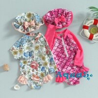 Bộ Đồ Bơi Tay Dài Họa Tiết Hoa / Vảy Cá Có Khóa Kéo Và Mũ Bơi Cho Bé Gái