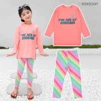 Bộ đồ bơi trẻ em giữ nhiệt cho trẻ em 2P bộ đồ bơi cho bé gái màu cam huỳnh quang áo tắm cầu vồng quần legging nước bảo vệ phát ban chống tia cực tím
