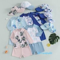 Bộ đồ bơi trẻ em Rash Guard in hình động vật Áo dây kéo dài tay có quần short và mũ bơi