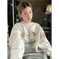 Bộ đồ cặp đôi áo hoodie cổ tròn in hình gấu mùa thu đông năm 2025, chào mừng size lớn M-3XL màu xám lười biếng mới mặc áo khoác