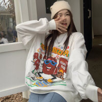 Bộ đồ cặp đôi áo hoodie dài tay cổ tròn in hình hoạt hình bùng nổ năm 2024, áo hoodie gió rộng rãi và lười biếng