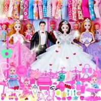 Bộ đồ chơi búp bê barbie hộp quà lớn công chúa váy cưới trẻ em cô gái nhà ăn mặc sinh nhật vải