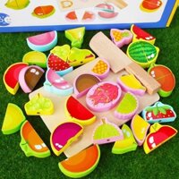 Bộ Đồ Chơi Cắt Ghép Hoa Quả Rau Củ Nam Châm Bằng Gỗ và Bằng Nhựa Loại Đẹp có MÂM- Kèm Dao, Thớt đầy đủ