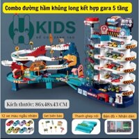 Bộ đồ chơi đường hầm khủng long nối gara đường đua đỗ xe ô tô 5 tầng sẵn 12 ô tô kích thước lớn có đèn nhạc cho bé