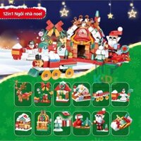 Bộ đồ chơi lắp ráp chủ đền noel 12 bộ nhỏ kết hợp thành 1 bộ lớn, chủ đề giáng sinh. Nhà ông giá noel, xe tuần lộc