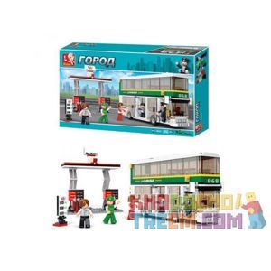 Bộ đồ chơi lắp ráp xe bus 2 tầng và trạm xăng Sluban M38-B0331