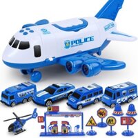 Bộ đồ chơi mô hình máy bay chứa 4 xe ô tô cảnh sát biển báo chạy pin kèm nhạc và phát sáng