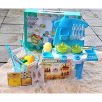 Bộ đồ chơi nhà bếp đứng kèm xe đẩy cho bé trai và bé gái kèm các phụ kiện nấu ăn chuyên dụng cho bé vui chơi thoải mái
