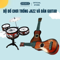 Bộ Đồ Chơi Nhạc Cụ 3 Trống Jazz Drum Kèm Giá Đỡ Và Đàn Guitar Giả Gỗ Sang Trọng Cho Bé