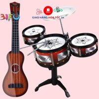 Bộ đồ chơi nhạc cụ trống Jazz Drum 3 trống kèm giá đỡ, đàn guitar retro giả gỗ căng dây đàn điều chỉnh đồ chơi âm nhạc