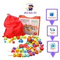 Bộ đồ chơi trẻ em xâu hạt gỗ 75 chi tiết chũ cái, chữ số và phương tiện giao thông