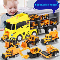 BỘ ĐỒ CHƠI XE ĐẦU KÉO CONTAINER TRUCK KÈM 6 XE CON KIM LOẠI CÁC CHỦ ĐỀ CẢNH SÁT, CỨU HỎA VÀ CÔNG TRƯỜNG