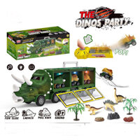 Bộ đồ chơi xe quán tính khủng long đèn nhạc, xe container chở theo 3 xe chạy đà, xe khủng long