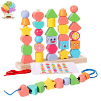 Bộ đồ chơi xếp tự hạt gỗ Montessori, khối xếp chồng & hạt viền & xếp hình phù hợp, Đồ chơi Montessori cho đồ chơi học tập mầm non STEM 2 3 4 5 tuổi