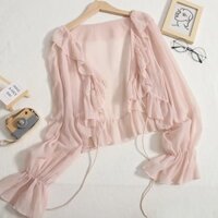 Bộ đồ chống nắng buộc dây xù mùa hè dành cho áo len cardigan mỏng ngắn dành cho nữ