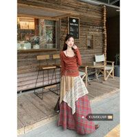 Bộ đồ cổ điển kumikumi áo phông dài tay cổ hở vai nữ chân váy kẻ sọc giả hai chiếc đầu mùa thu Bộ hai chiếc