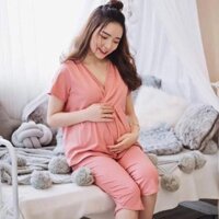 Bộ đồ cotton dài bầu và sau sinh vạt tay chéo cho con bú cao cấp (55-70kg)