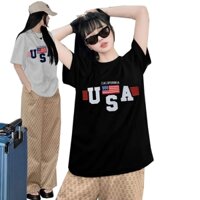 Bộ đồ dài nữ áo thun cotton thêu logo chữ USA phối quần suông ống rộng bố thun họa tiết mặc nhà, dạo phố, đi siêu thị, h