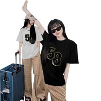 Bộ đồ dài nữ áo thun cotton thêu logo số 58 kết kim sa phối quần suông ống rộng bố thun họa tiết