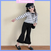 ✨Bộ đồ dài tay Treasure Girls Phong cách Chanel Áo thun sọc nơ phong cách mới Phiên bản Hàn Quốc Bộ đồ hai mảnh thời trang cho bé gái