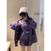 Bộ đồ đan thời trang mùa xuân, bộ đồ đan phong cách Hàn, bộ ba món 2025, áo len dày màu tím mới, áo khoác cardigan + áo ống + chân váy ngắn