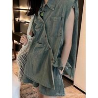 Bộ đồ Denim Bộ hai chiếc quần short áo sơ mi ngắn tay giặt nước cổ điển cảm giác Thiết kế bất quy tắc mẫu mới mùa hè cho nữ 8vea thời trang