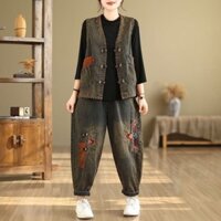 Bộ đồ denim rộng rãi vintage cho phụ nữ, quần harem thêu, áo khoác vest, bộ hai mảnh