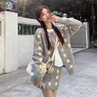 Bộ Đồ Dệt Kim Thêu Hoa Màu Xám, Áo Khoác Cardigan Len Váy Ôm Phong Cách Quốc Thu Đông Nữ