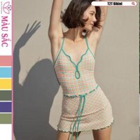 Bộ đồ đi biển, Bộ bơi liền kèm váy vải xốp carô mã T2TBikini062