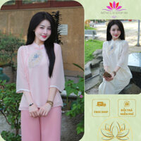 Bộ đồ đi chùa voan thêu quạt đủ màu sắc,đồ đi lễ chùa vải voan tay lỡ