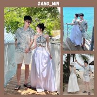 Bộ đồ đôi đi du lịch: áo yếm và chân váy xoè dài maxi + áo sơ mi nam cộc tay, in hoạ tiết thời trang - ZANGMIN SETDOI01