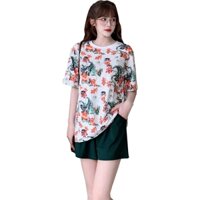 Bộ Đồ Đùi Mặc Nhà Nữ Áo Thun Lạnh In 3D Họa Tiết Phối Quần Thun Cotton Trơn Màu Xanh Rêu