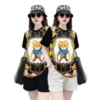 Bộ đồ đùi nữ mặc nhà áo thun lạnh in 3d hoạt tiết gấu phối quần đùi ống rộng trẻ trung