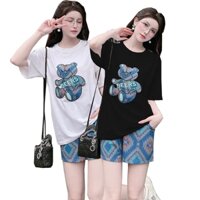 Bộ Đồ Đùi Nữ Mặc Nhà Thun Cotton Phối Thun Lạnh Thêu Gấu Xanh Họa Tiết MSX65