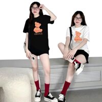 Bộ Đồ Đùi Nữ Mặc Nhà Thun Cotton Logo Thêu Gấu Họa Tiết từ 45kg đến 70kg