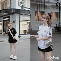 Bộ Đồ Đùi Nữ Mùa Hè chất tăm phối sọc tay ngắn in logo cực xinh , Set bộ đồ thun tay ngắn mix quần đùi mát mẽ