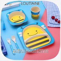 Bộ đồ dùng ăn dặm cho bé dễ thương 5in1 bát đĩa cốc thìa dĩa cao cấp chất liệu từ sợi tre an toàn - Louttaine