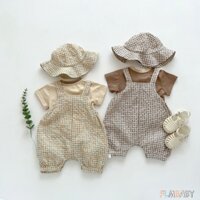 Bộ đồ gồm áo thun cotton ngắn tay và quần yếm phối mũ họa tiết sọc caro thời trang dành cho trẻ em