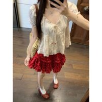 Bộ đồ hai chiếc ngọt ngào trẻ trung cho nữ Bộ viền ren màu đỏ họa tiết chấm bi viền bèo kiểu mới Chân váy ren mùa hè EQKS
