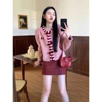 Bộ Đồ Hai Chiếc Nữ Mùa Đông Năm Mới Áo Khoác Len Dài Tay Áo Khoác Kẻ Sọc Tôn Dáng Ôm Mông