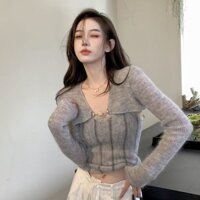 Bộ đồ hai mảnh / Áo len dệt kim một mảnh phong cách Hồng Kông dành cho nữ Thiết kế đầu mùa thu Cảm giác Áo len sang trọng Áo khoác ngắn tay dài