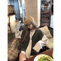 Bộ Đồ Hai Mảnh Áo Vest Dệt Kim Mẫu Mới Xuân Thu Đông Áo Len Cardigan Áo Vest Mặc Thêm Áo Sơ Mi Sọc Tươi Mát