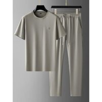 Bộ đồ hai mảnh cổ tròn cho nam, độ đàn hồi cao, cảm giác băng mịn, mùa hè, vải lụa băng mỏng, bộ đồ thể thao ngắn tay cho nam
