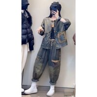 Bộ đồ hai mảnh gồm áo khoác denim nút vintage nữ rộng rãi và quần harem thời trang