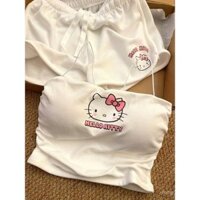 Bộ đồ hai mảnh in hình Hello Kitty, áo hai dây + quần short, bộ đồ mặc nhà có miếng đệm ngực cho nữ