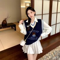 Bộ đồ hai mảnh Phong cách Preppy Giảm tuổi thêu dáng rộng Áo len dệt kim Áo sơ mi dài tay ngọt ngào Phiên bản Hàn Quốc Xuân Thu 11.26
