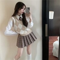 Bộ đồ hai mảnh Preppy Phong cách jk Đồng phục nữ Xuân thu Phong cách Nhật Bản Áo len dệt kim Áo Vest + Áo sơ mi dài tay#3.17