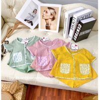 Bộ đồ hè bé gái cộc tay cổ viền hoa kèm túi có cúc ngực đáng yêu , đồ ngủ pijama cho bé gái BB05